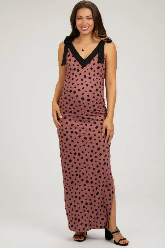 Epic Deals Mauve Ribbed Polka Dot Shoulder Tie Maternity Maxi Dress