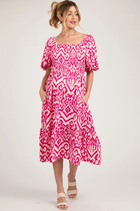 Savings Spectacular Fuchsia Square Neck Smocked Ruffle Maternity Midi Dress