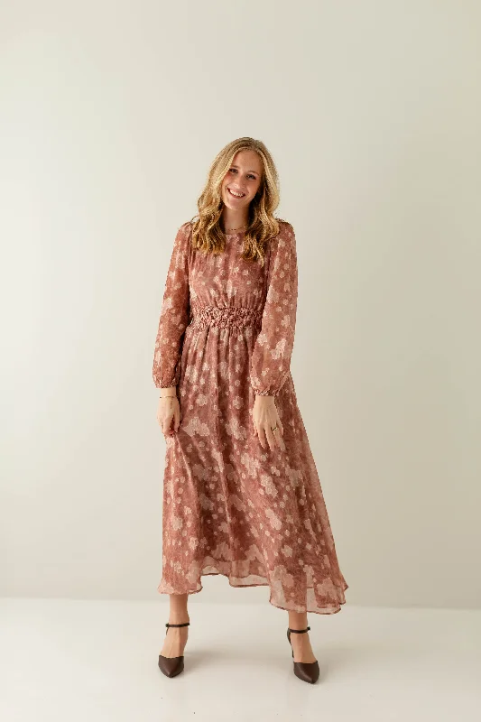 Instant Discount 'Cherise' Long Sleeve Textured Chiffon Maxi Dress in Dusty Rose
