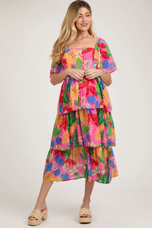 Bargain Bin Fuchsia Leaf Print Side Cutout Tiered Maternity Midi Dress