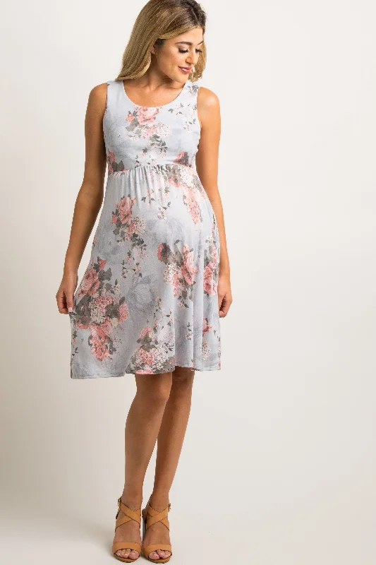 Don't Wait Light Grey Floral Sleeveless Maternity Dress
