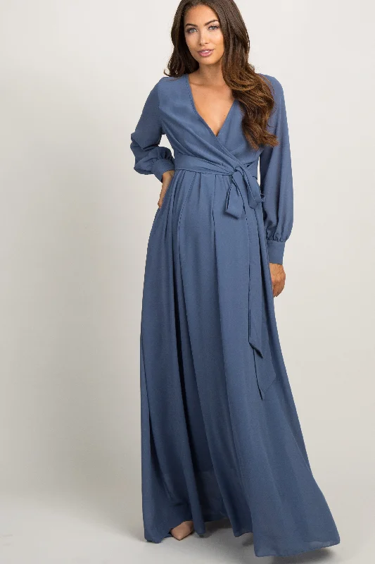 Crazy Deals Blue Chiffon Long Sleeve Pleated Maternity Maxi Dress