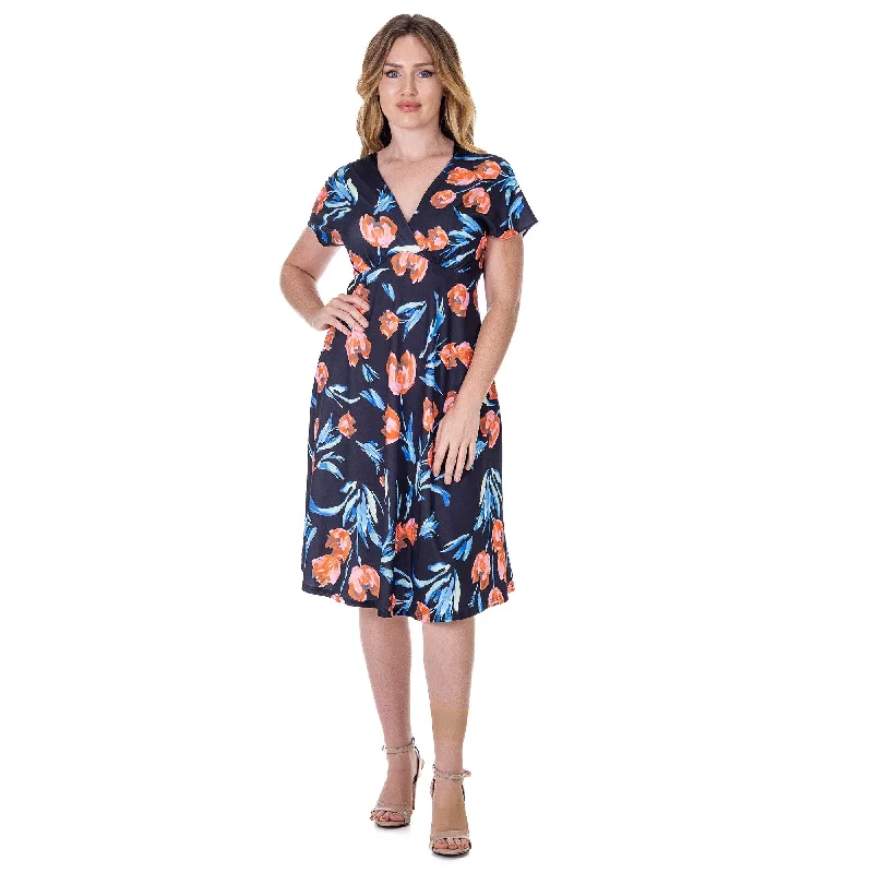 Weekend Flash Sale 24seven Comfort Apparel Womens Tulip Print V Neck Empire Waist Kimono Cap Sleeve Knee Length Dress Weekend Flash Sale 24seven Comfort Apparel Womens Tulip Print V Neck Empire Waist Kimono Cap Sleeve Knee Length Dress