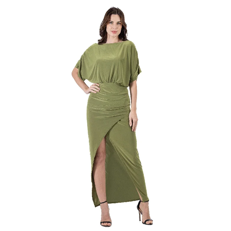 Low Prices 24seven Comfort Apparel Womens Boat Neck Batwing Sleeve Slit Maxi Dress