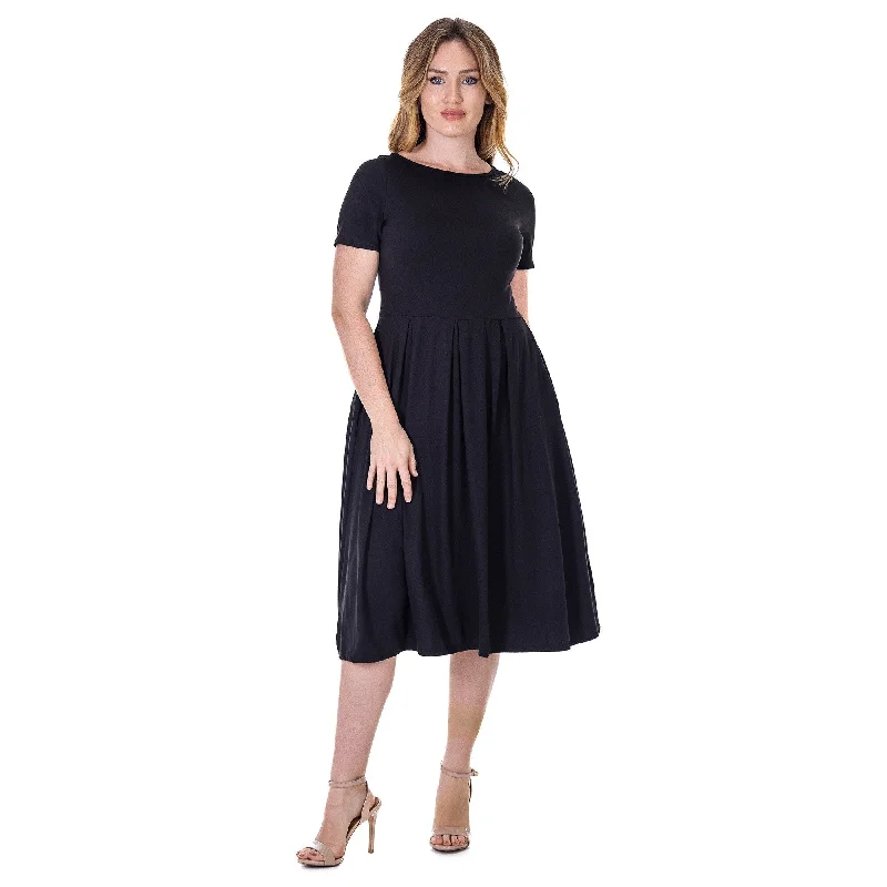 New Markdowns 24seven Comfort Apparel Midi Dress with Short Sleeves and Pocket Detail
