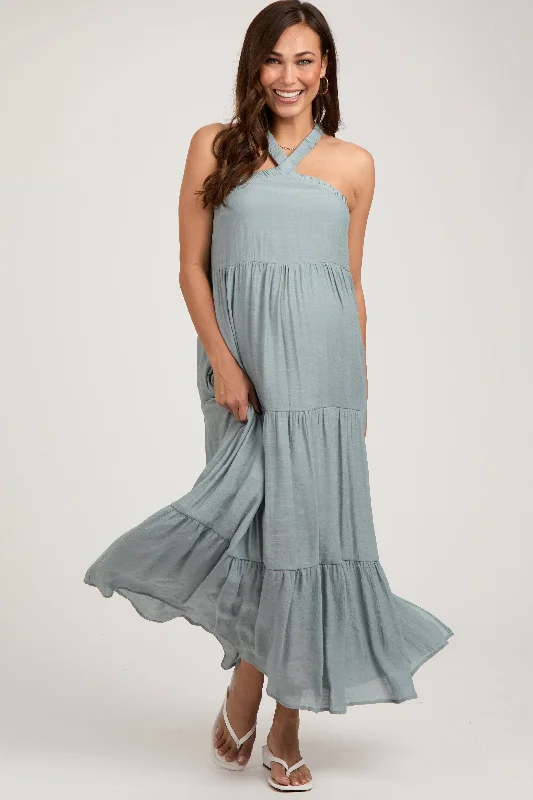 Deal Alert Light Blue Halter Tiered Maternity Maxi Dress