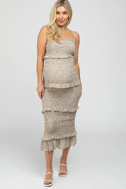 Big Discounts Taupe Leaf Print Smocked Fitted Maternity Midi Dress