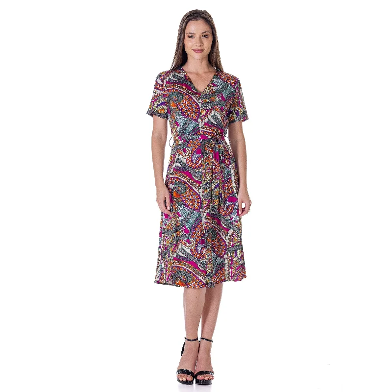 Daily Specials 24seven Comfort Apparel Womens Pink Paisley Short Sleeve Tie Waist Midi Dress Daily Specials 24seven Comfort Apparel Womens Pink Paisley Short Sleeve Tie Waist Midi Dress