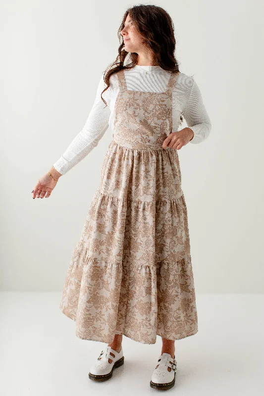 Price Reduction 'Asher' Textured Floral Tiered Overall Dress in Taupe