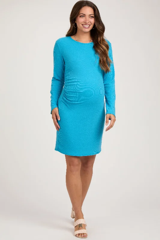Super Deal Aqua Blue Ribbed Side Ruched Maternity Fitted Dress