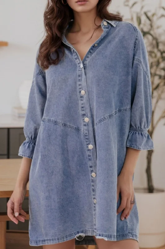 Deal Explosion Distressed Collared Neck Flounce Sleeve Denim Dress