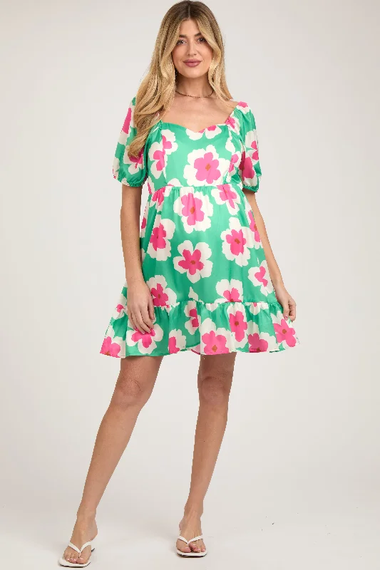 Time-Limited Offer Green Floral Ruffle Hem Maternity Dress