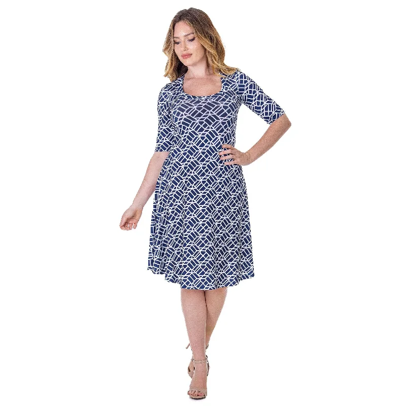 Weekend Deal 24seven Comfort Apparel Womens Navy Geometric Print Knee Length Elbow Sleeve Dress Weekend Deal 24seven Comfort Apparel Womens Navy Geometric Print Knee Length Elbow Sleeve Dress