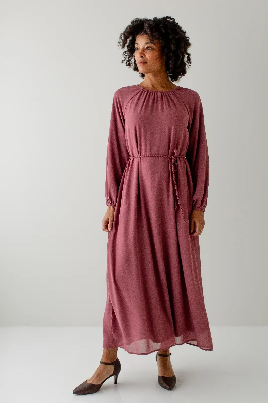 Year-End Clearance 'Liesel' Braided Belt Chiffon Midi Dress in Mauve