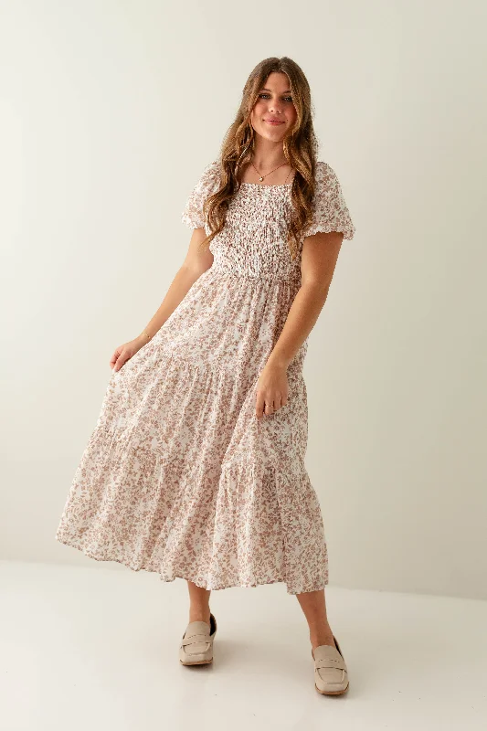 Deal Dash 'Makayla' Smocked Bodice Taupe Floral Midi Dress in White
