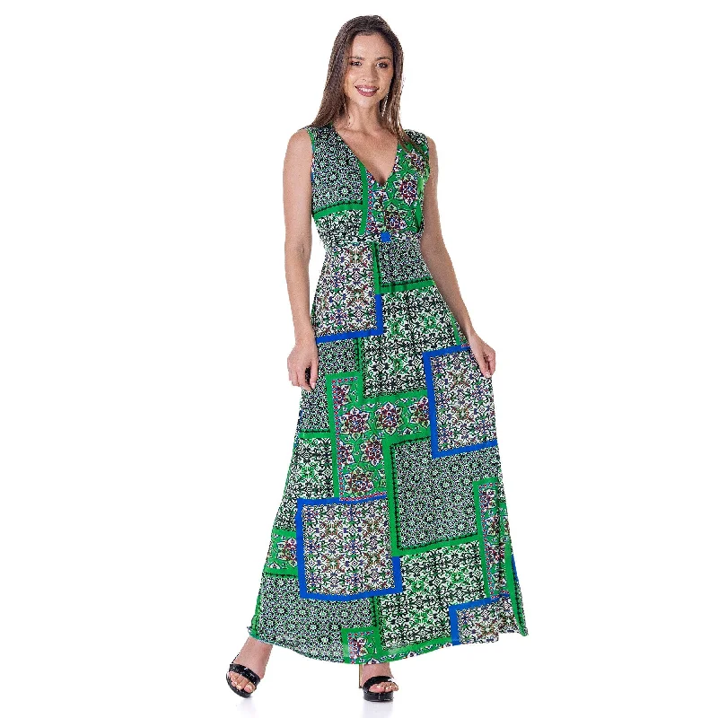 Bargain Blast 24seven Comfort Apparel Womens Green Scarf Print V Neck Empire Waist Sleeveless Maxi Dress Bargain Blast 24seven Comfort Apparel Womens Green Scarf Print V Neck Empire Waist Sleeveless Maxi Dress
