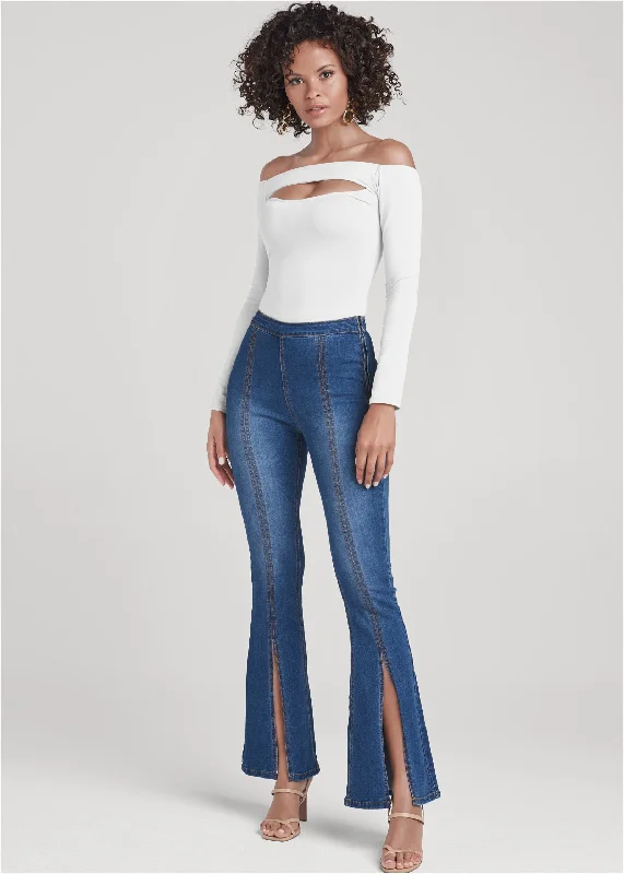 Bargain Blast Slit Detail Bootcut Jeans - Medium Wash