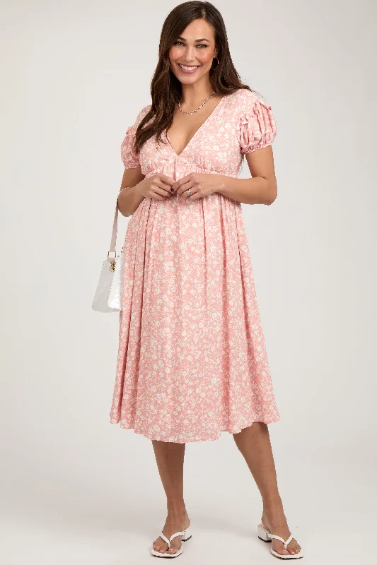 Steals and Deals Peach Floral V-Neck Short Sleeve Maternity Dress