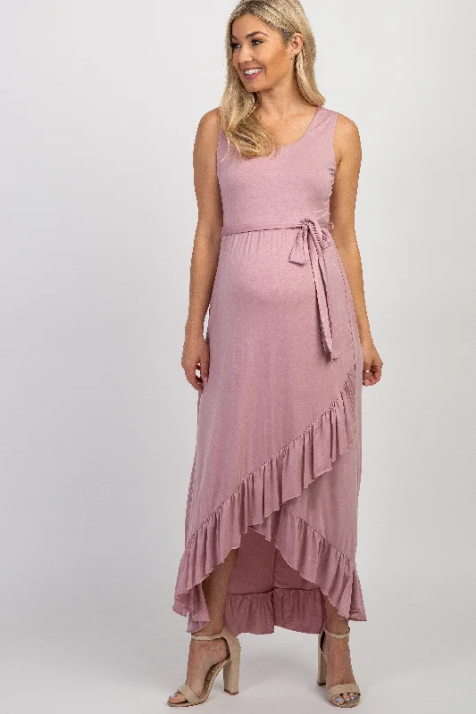 Incredible Offers PinkBlush Mauve Sleeveless Hi-Low Ruffle Trim Maternity Maxi Dress Incredible Offers PinkBlush Mauve Sleeveless Hi-Low Ruffle Trim Maternity Maxi Dress