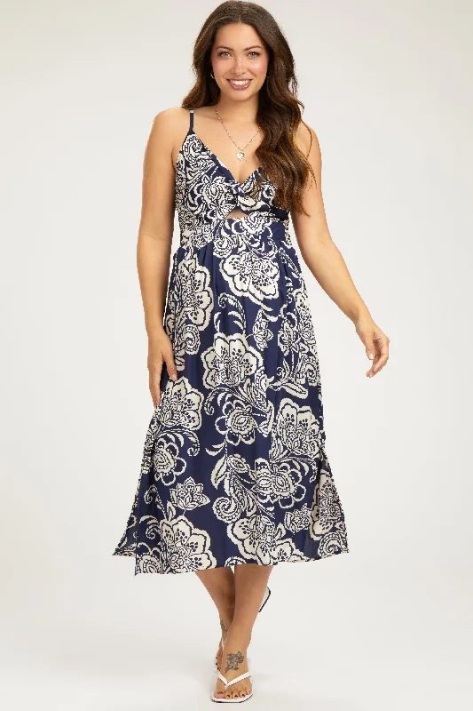 Year-End Sale Navy Floral Front Twist Maternity Midi Dress
