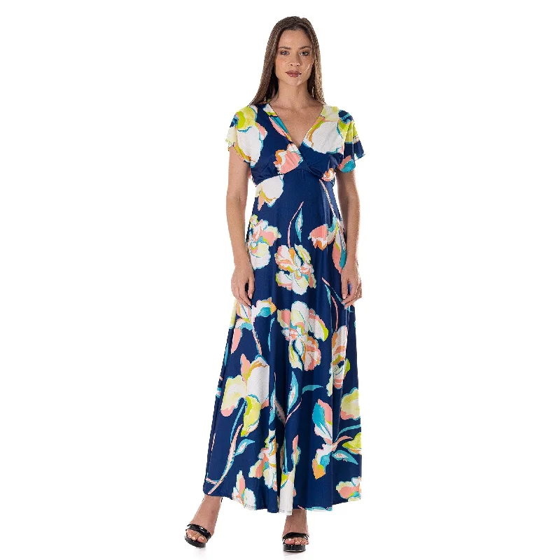 New Markdowns 24seven Comfort Apparel Womens Navy Floral Print V Neck Empire Waist Kimono Cap Sleeve Maxi Dress New Markdowns 24seven Comfort Apparel Womens Navy Floral Print V Neck Empire Waist Kimono Cap Sleeve Maxi Dress