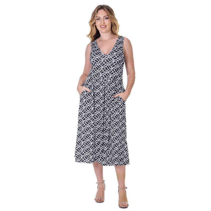 Seasonal Sale 24seven Comfort Apparel Womens Midi Length Black Geo Print Sleeveless Pleated Pocket Dress Seasonal Sale 24seven Comfort Apparel Womens Midi Length Black Geo Print Sleeveless Pleated Pocket Dress