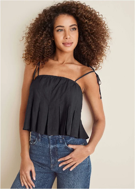 Super Bargain Pleated Tie Sleeve Tank - Black