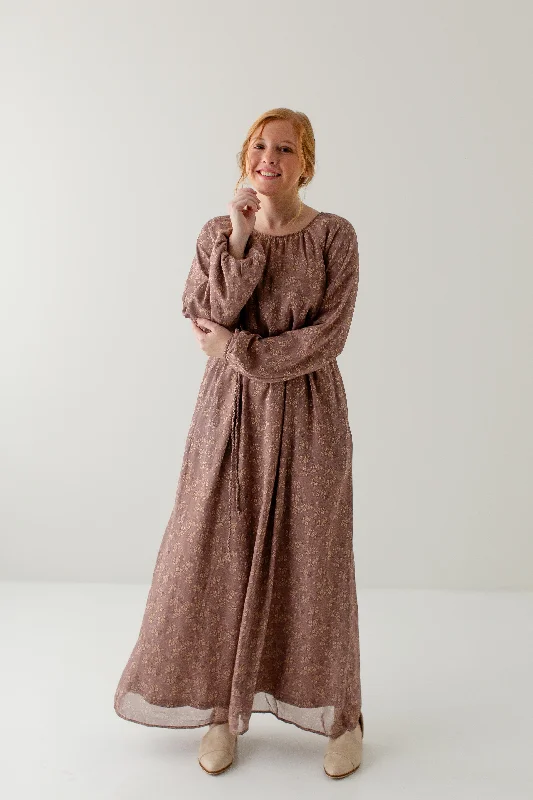 Stock Clearance 'Liesel' Braided Belt Floral Chiffon Midi Dress in Deep Taupe