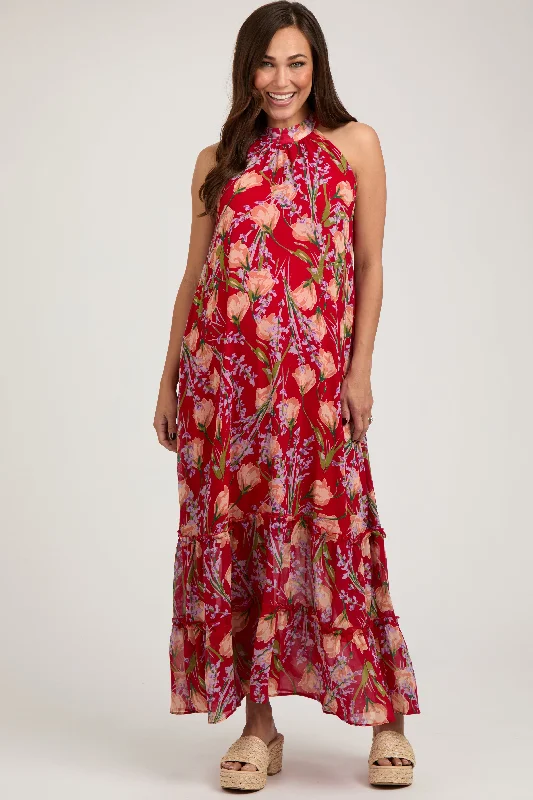 Inventory Reduction Red Floral Halter Maternity Maxi Dress