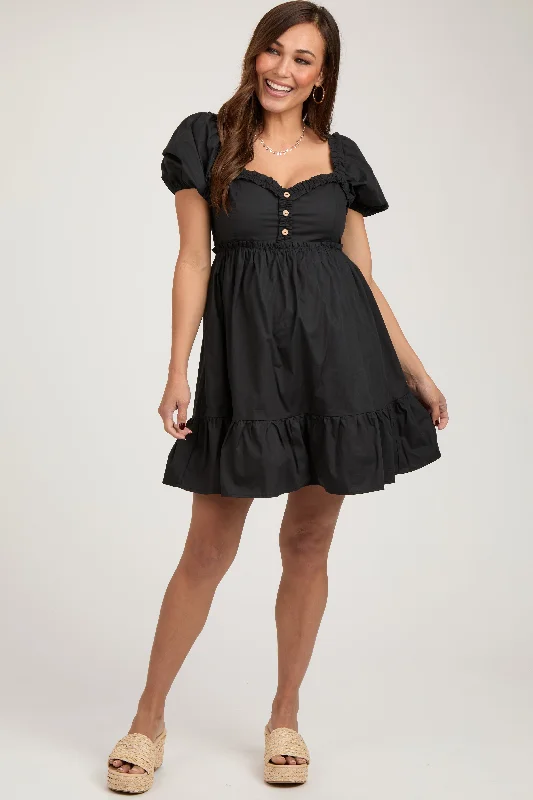 Sale Event Black Puff Sleeve Ruffle Accent Maternity Mini Dress