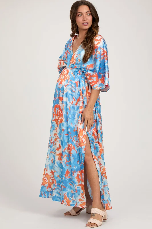 Amazing Deals Blue Floral Satin V-Neck Maternity Maxi Dress