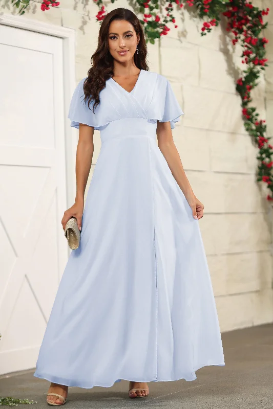 Time-Limited Offer Chiffon Short Sleeves V-Neck Bridesmaid Dress with Slit
