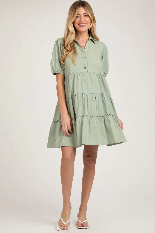 Limited Availability Light Olive Collared Tiered Maternity Dress