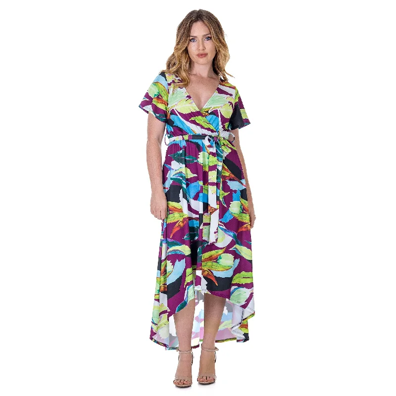 Can't Be Beat 24seven Comfort Apparel Womens Colorful Floral V Neck Belted High Low Faux Wrap Dress Can't Be Beat 24seven Comfort Apparel Womens Colorful Floral V Neck Belted High Low Faux Wrap Dress