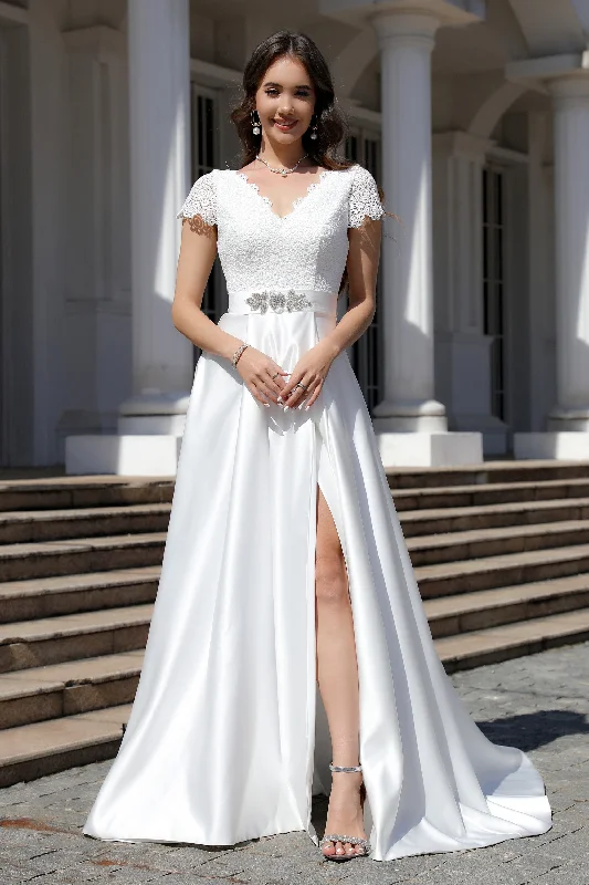 Big Savings Minimalist Satin A Line Short Sleeve Wedding Dress with Belt