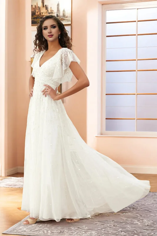 Closeout Simple Beading V Neck Short Sleeve Lace Wedding Dress