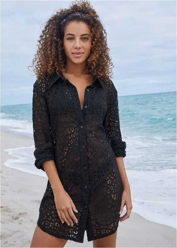 Closeout Lace Cover-Up Button Down - Black