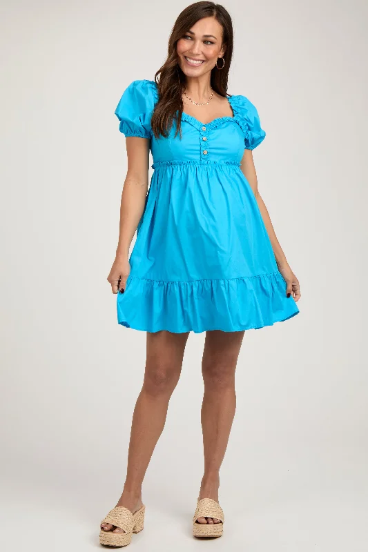 Discount Deals Aqua Puff Sleeve Ruffle Accent Maternity Mini Dress