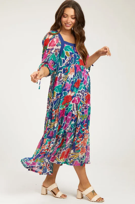 Act Fast Navy Floral Half-Length Sleeve Tie Maternity Midi Dress