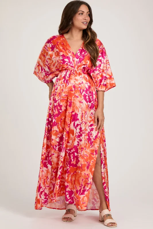 Online Only Orange Floral Satin V-Neck Maternity Maxi Dress