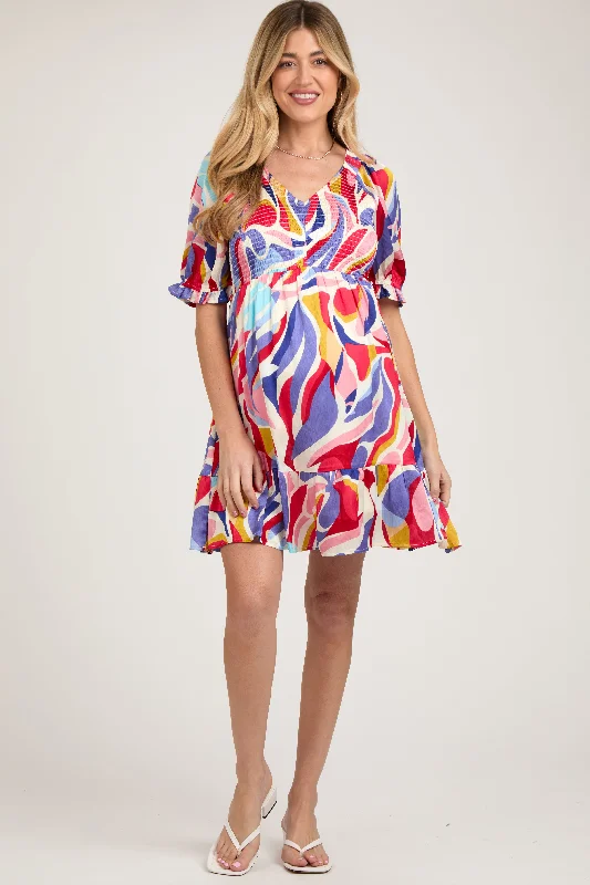 Hurry In Coral Abstract Print Smocked Maternity Dress