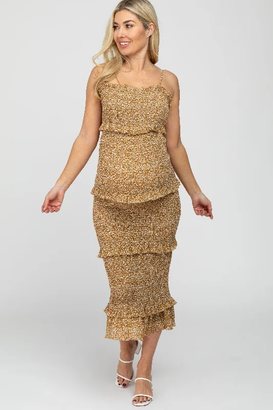 Deal Dash Mustard Leaf Print Smocked Fitted Maternity Midi Dress