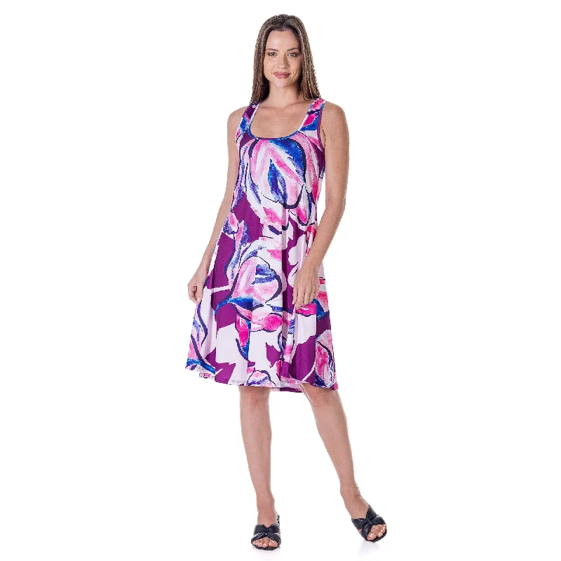 Daily Deals 24seven Comfort Apparel Womens Purple Floral Sleeveless Knee Length Tank Swing Dress