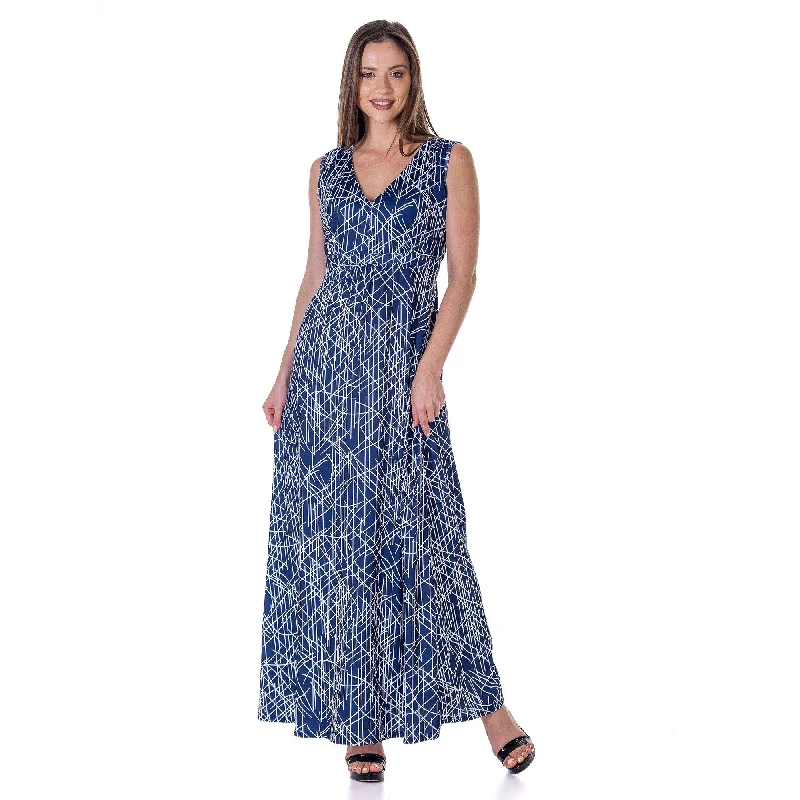 Warehouse Sale 24seven Comfort Apparel Womens Navy Abstract Print V Neck Empire Waist Sleeveless Maxi Dress Warehouse Sale 24seven Comfort Apparel Womens Navy Abstract Print V Neck Empire Waist Sleeveless Maxi Dress