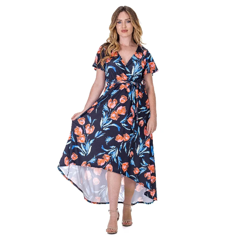 Deal Alert 24seven Comfort Apparel Womens Black Floral V Neck Belted High Low Faux Wrap Dress Deal Alert 24seven Comfort Apparel Womens Black Floral V Neck Belted High Low Faux Wrap Dress