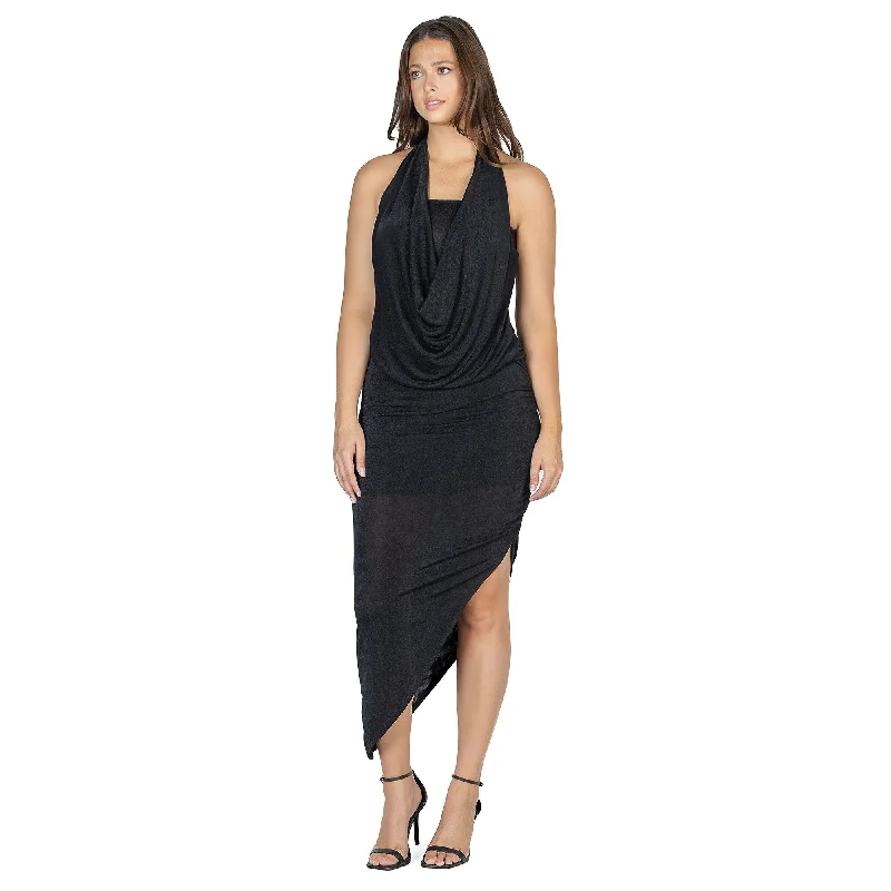 Price Smash 24seven Comfort Apparel Womens Cowl Neck Long Asymmetrical Backless Halter Dress