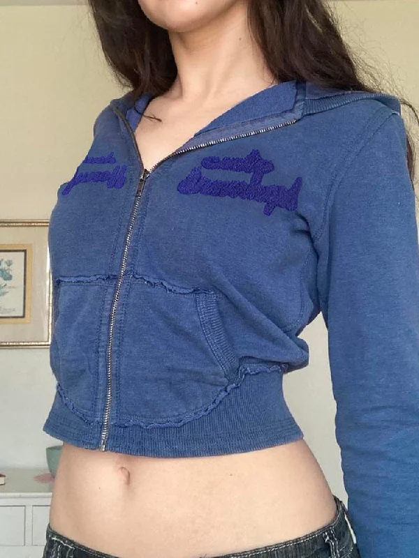Unbeatable Prices HEYounGIRL Vintage Blue Female Autumn Sweatshirt Preppy Casual  Zip Up Letter Crop Hoodies Slim Y2K Knit Pocket Short Coats