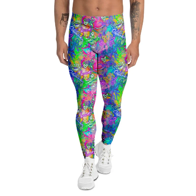 Shop and Save Abstract Graffiti Hand Drawing Neon Retro Print Pattern Men's Leggings