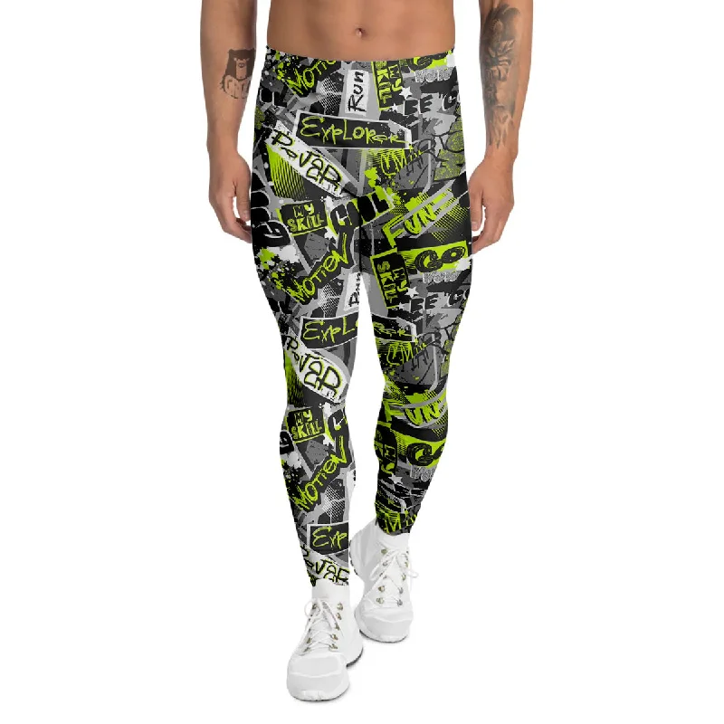 Price Cut Abstract Grey And Neon Green Graffiti Print Pattern Men's Leggings