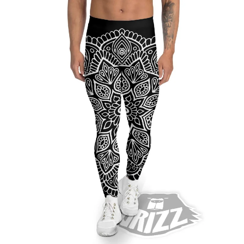 Closeout Abstract Mandala White And Black Print Men's Leggings